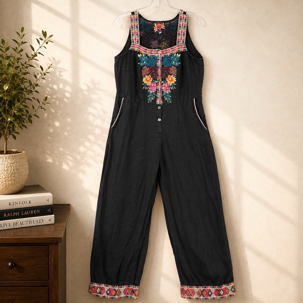 Johnny Was Jumpsuit Women's S Black Linen Embroidered Floral Boho Cropped